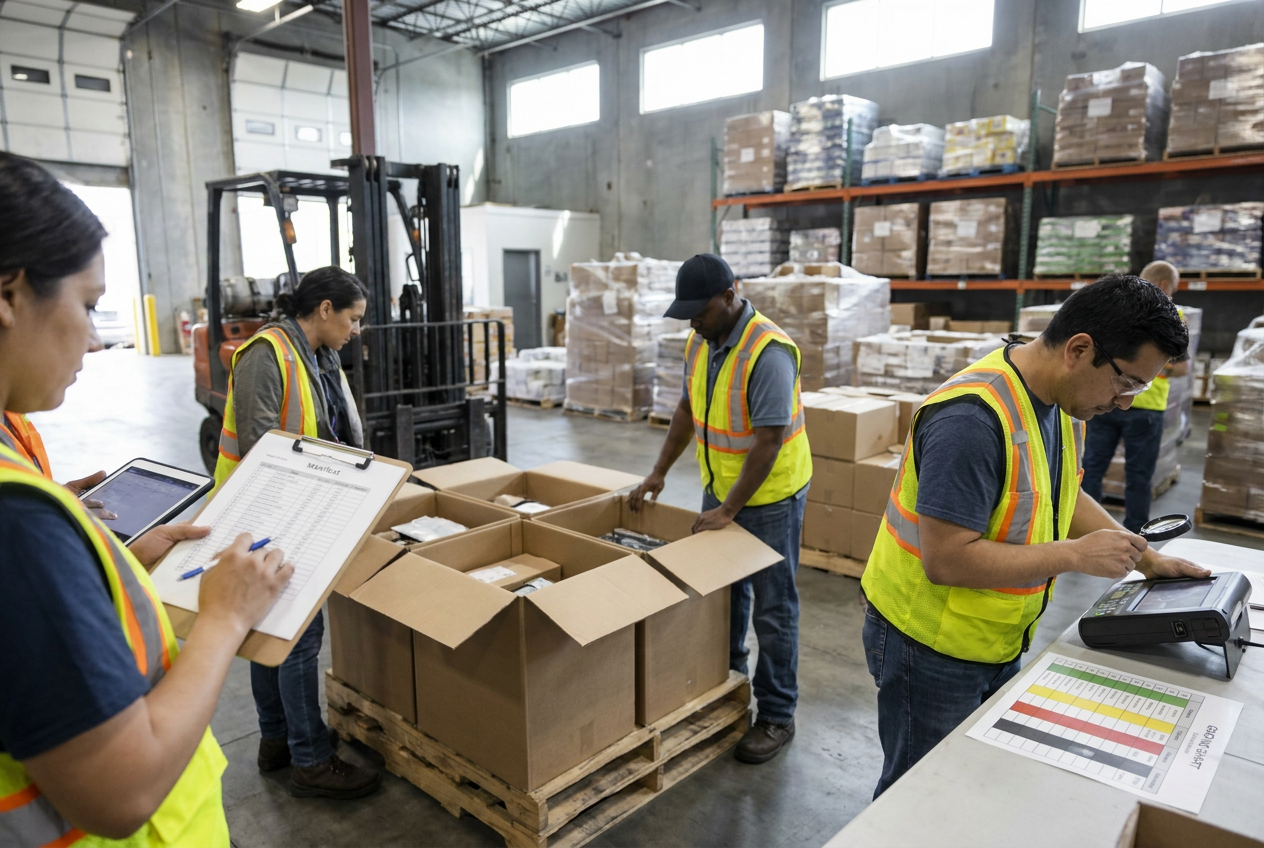 Dallas supplier warehouse verification Dallas liquidation supplier warehouse with wrapped pallets arranged for inventory verification