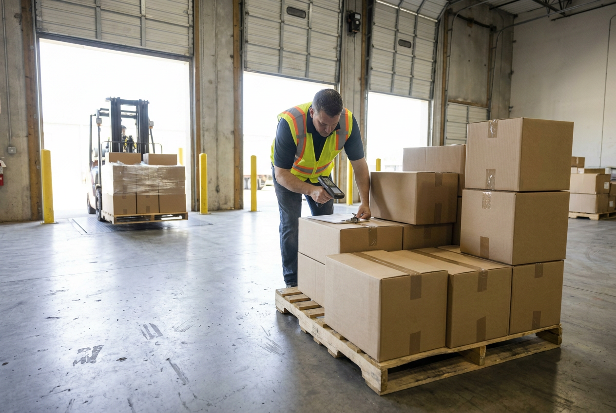 Documenting a liquidation delivery Liquidation pallet receiving inspection with cartons and paperwork used to document delivered inventory