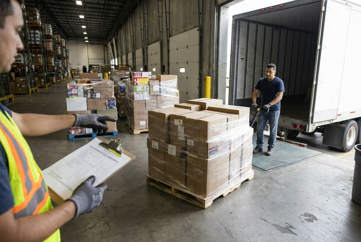 Warehouse receiving area with liquidation pallets staged for counting and merchandise inspection