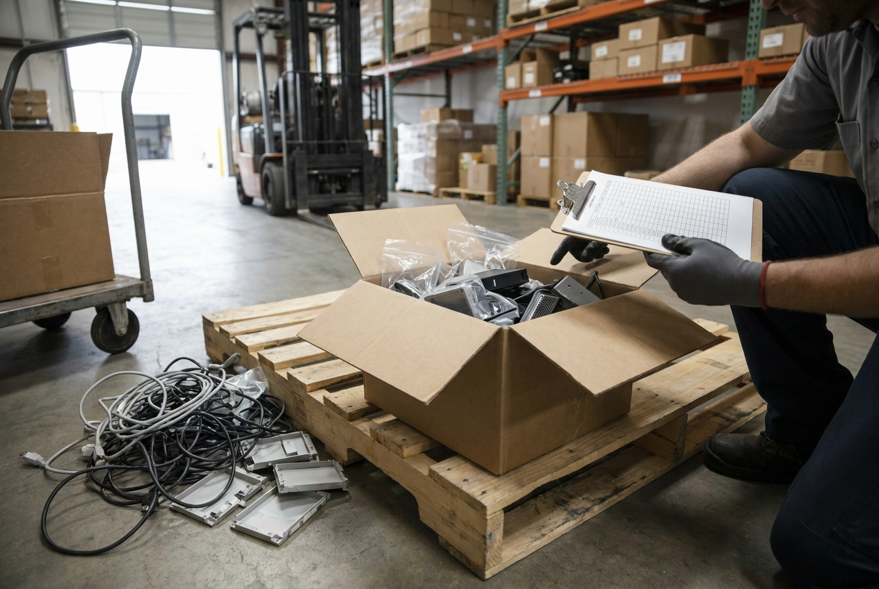 Model labels and replacement power adapters arranged for a liquidation accessory compatibility check