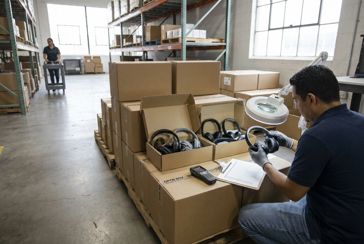 Open box headphones wholesale inspection setup with headphones, charging cases and a test phone
