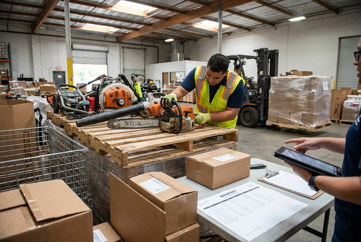 Gas and battery yard tools arranged for outdoor power equipment liquidation inspection
