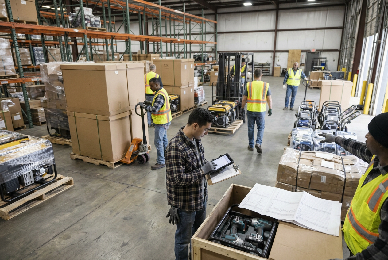 Cordless yard equipment with batteries and chargers separated for component checks
