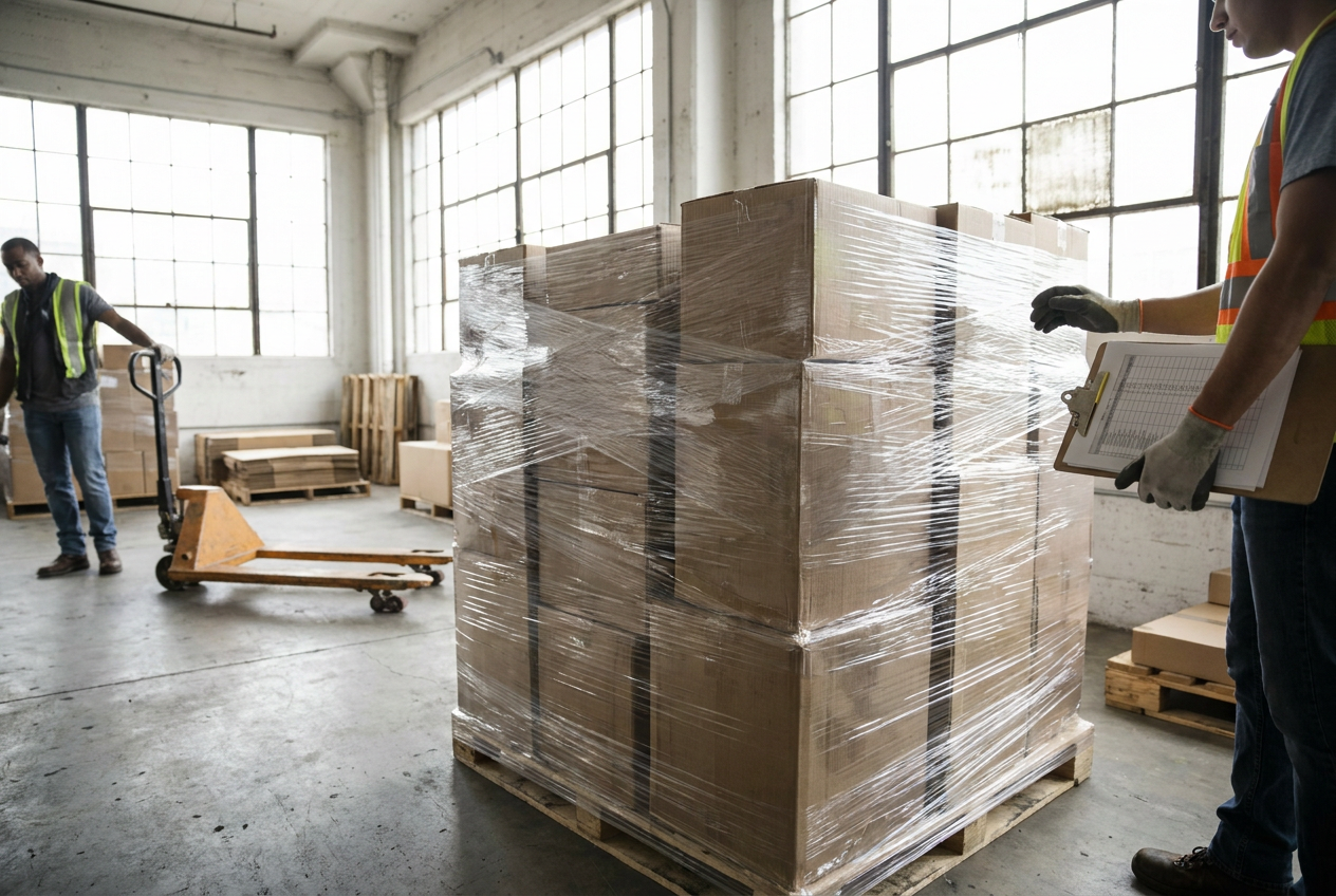 Receiving and Checking Liquidation Loads Wrapped liquidation pallets and shipping cartons arranged for receiving and inventory inspection