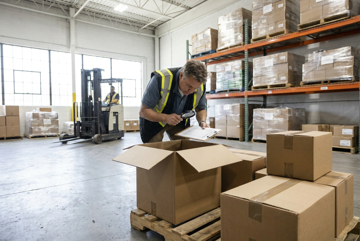 Personal care packaging inspection Personal care liquidation pallets inspection with bottles, cartons, and packaging seals on a sorting table