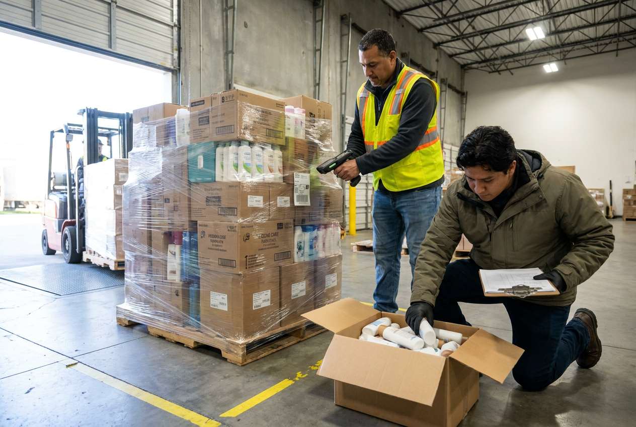 Receiving and quarantine workflow Personal care liquidation pallets receiving check with cartons and bottles separated for package inspection