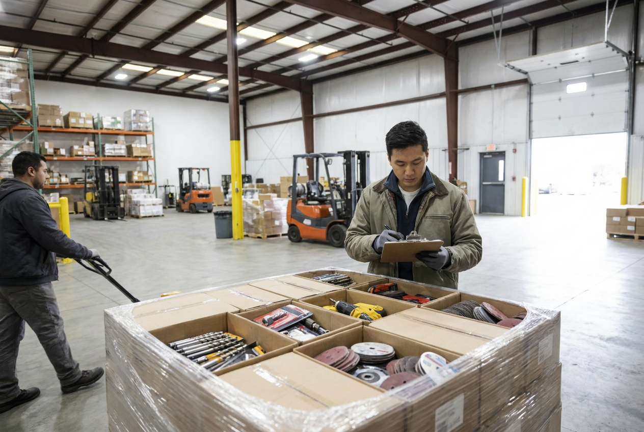 Accessory cartons and loose tool attachments grouped for checking labels, completeness and visible wear
