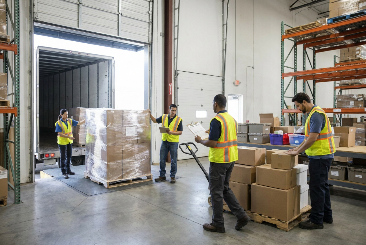 Document Pallet Counts and Exceptions Receiver checking pallet labels and delivery paperwork while documenting a liquidation truckload shipment
