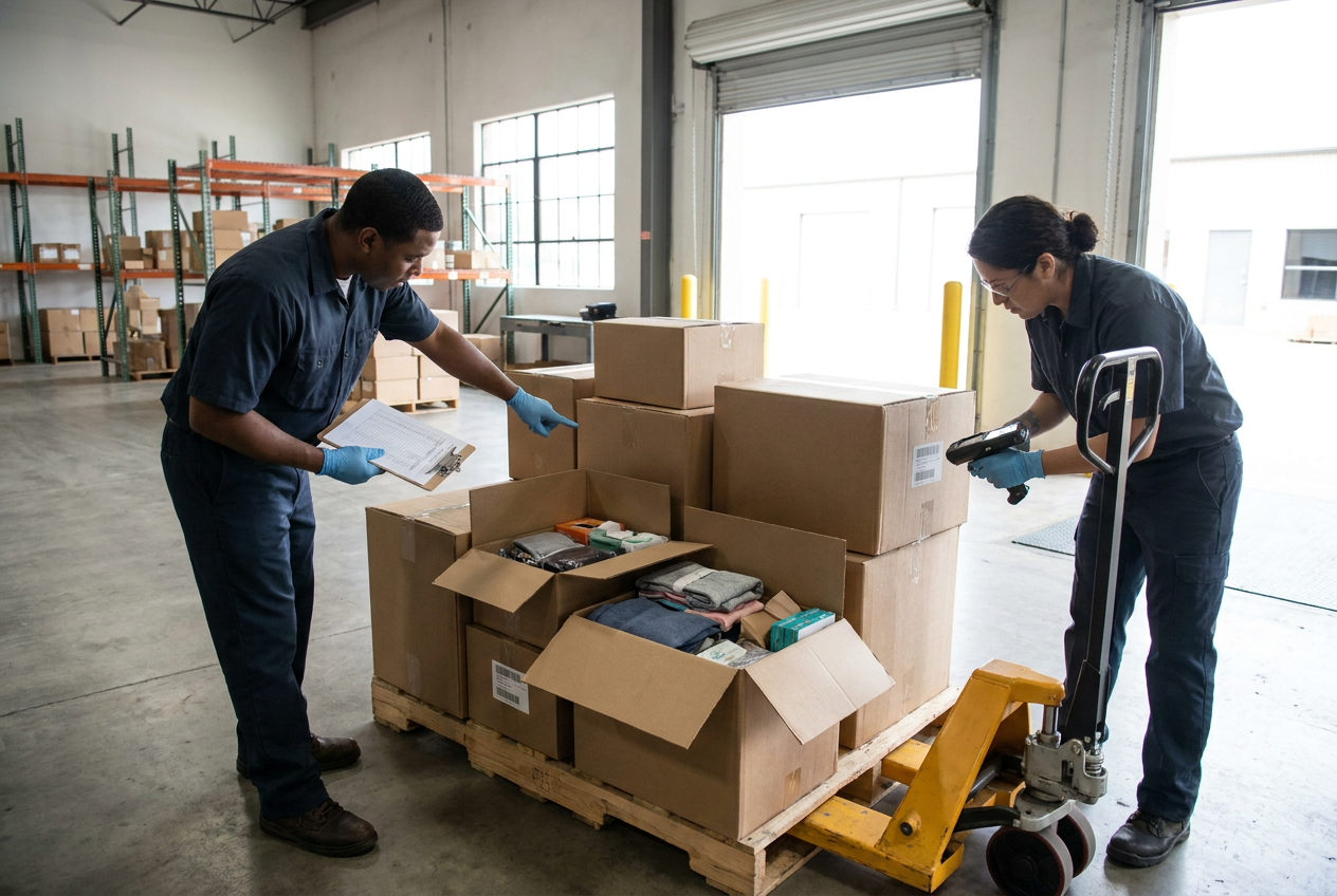 Wrapped liquidation pallets at a receiving dock with shipment inspection paperwork nearby
