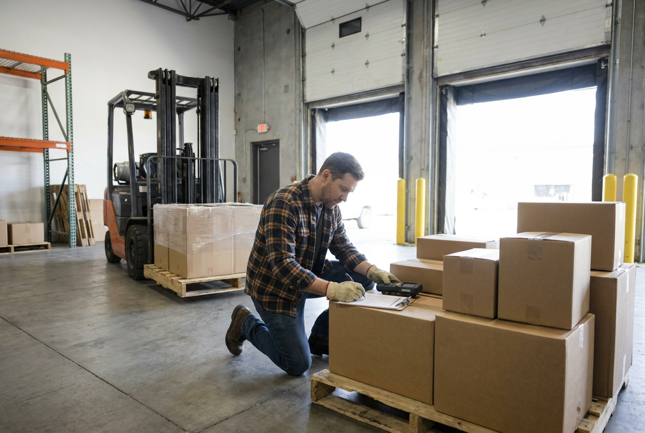 Pallet delivery paperwork and inventory notes organized for a reseller sales tax nexus records review