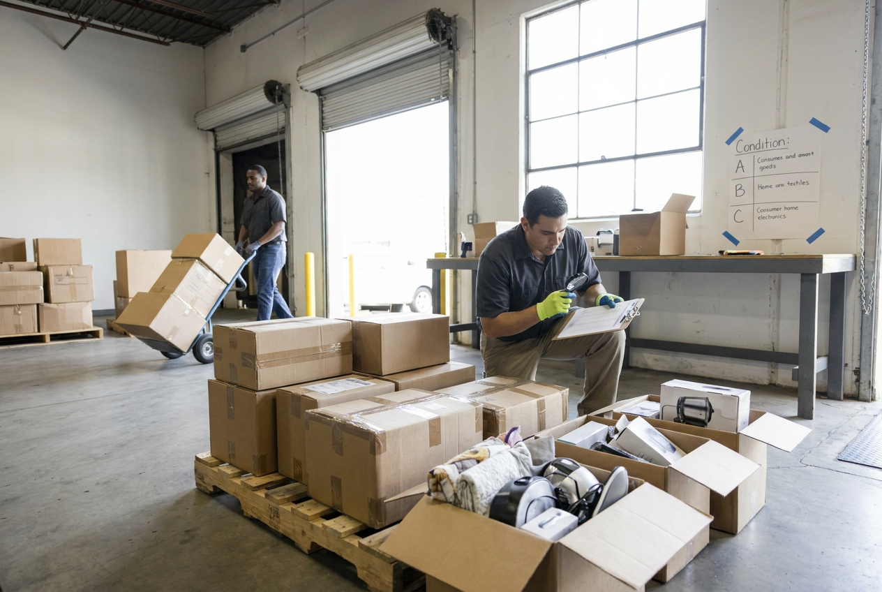 Reseller inspecting boxed household goods before selling liquidation on Facebook Marketplace