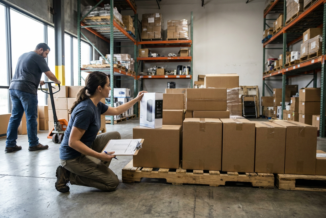 Packing orders after a Whatnot sale Numbered sold liquidation items beside packing materials and a scale for Whatnot order fulfillment