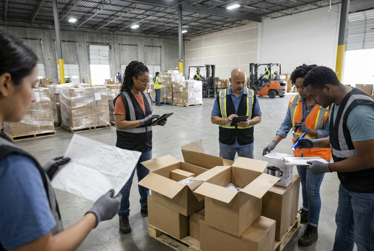 Reseller sorting liquidation pallet inventory into labeled groups on a warehouse worktable