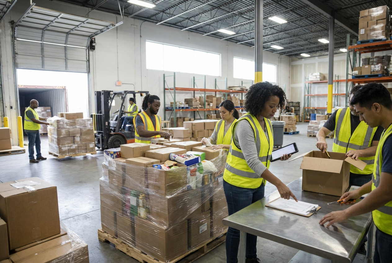Liquidation merchandise arranged on shelves with price labels for local resale and inventory tracking