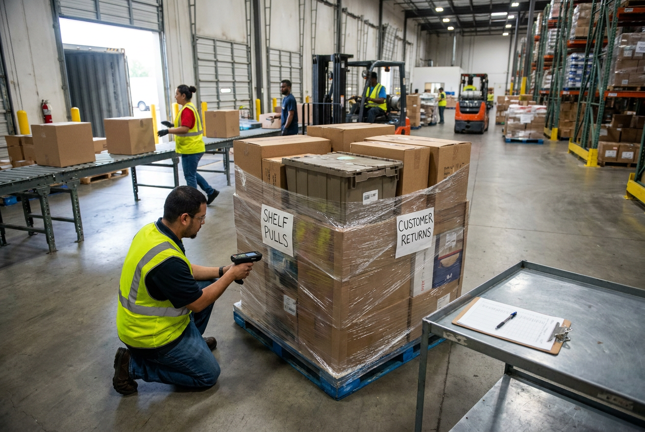 Liquidation merchandise separated into groups for shelf pulls, customer returns and overstock inspection
