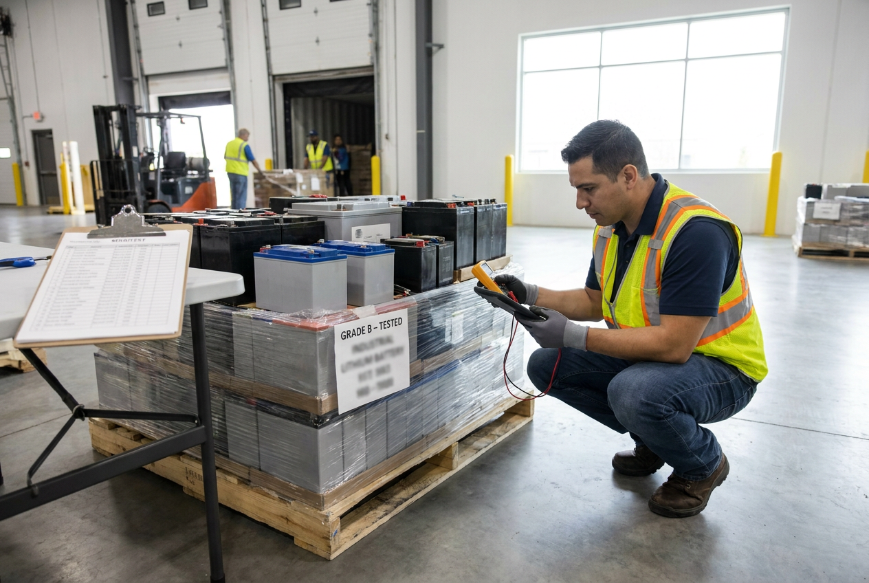 Lithium battery identification checks Battery labels and separate tool packs reviewed before shipping liquidated lithium batteries