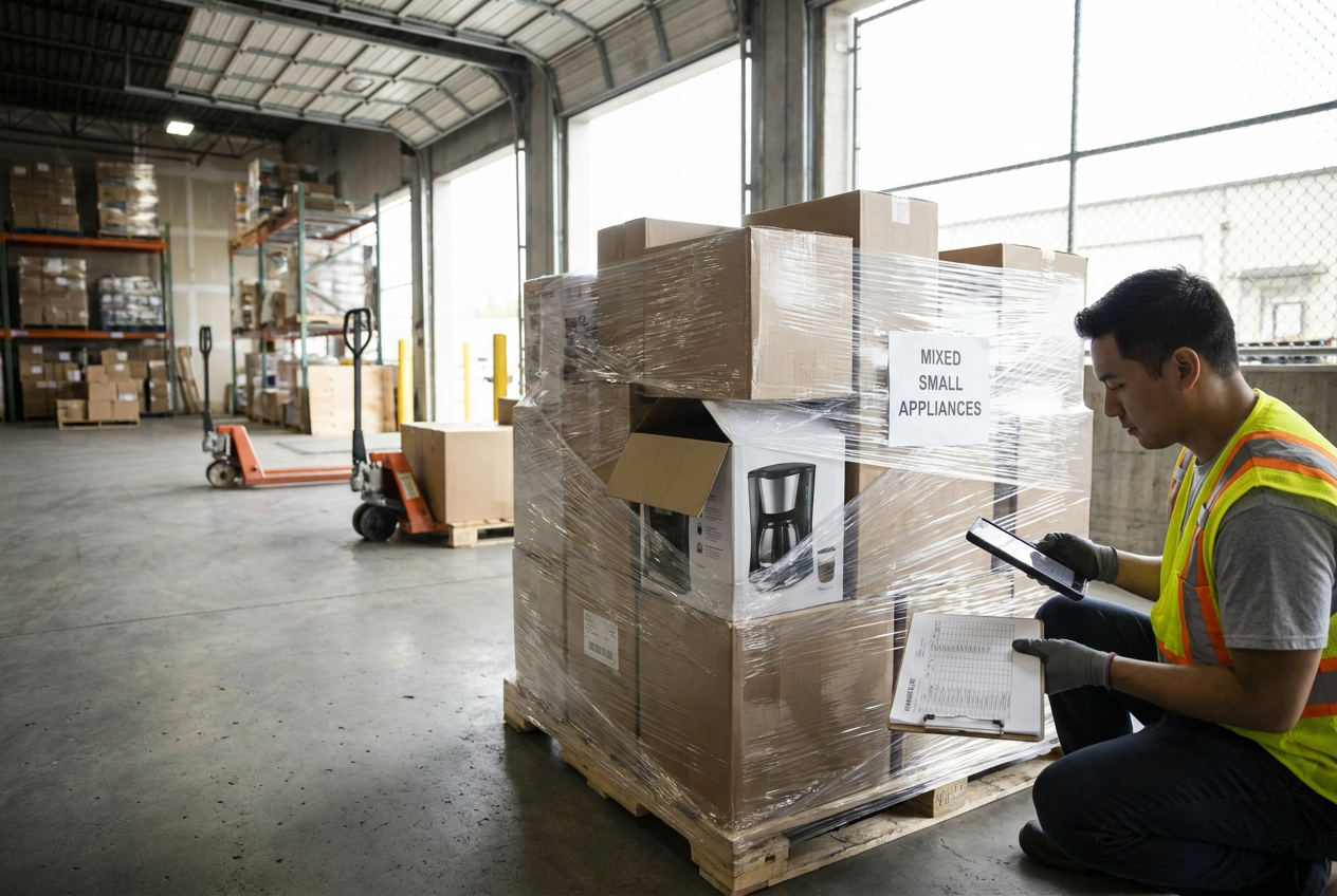 Kitchen and household appliances organized at a workbench for cleaning checks and functional testing