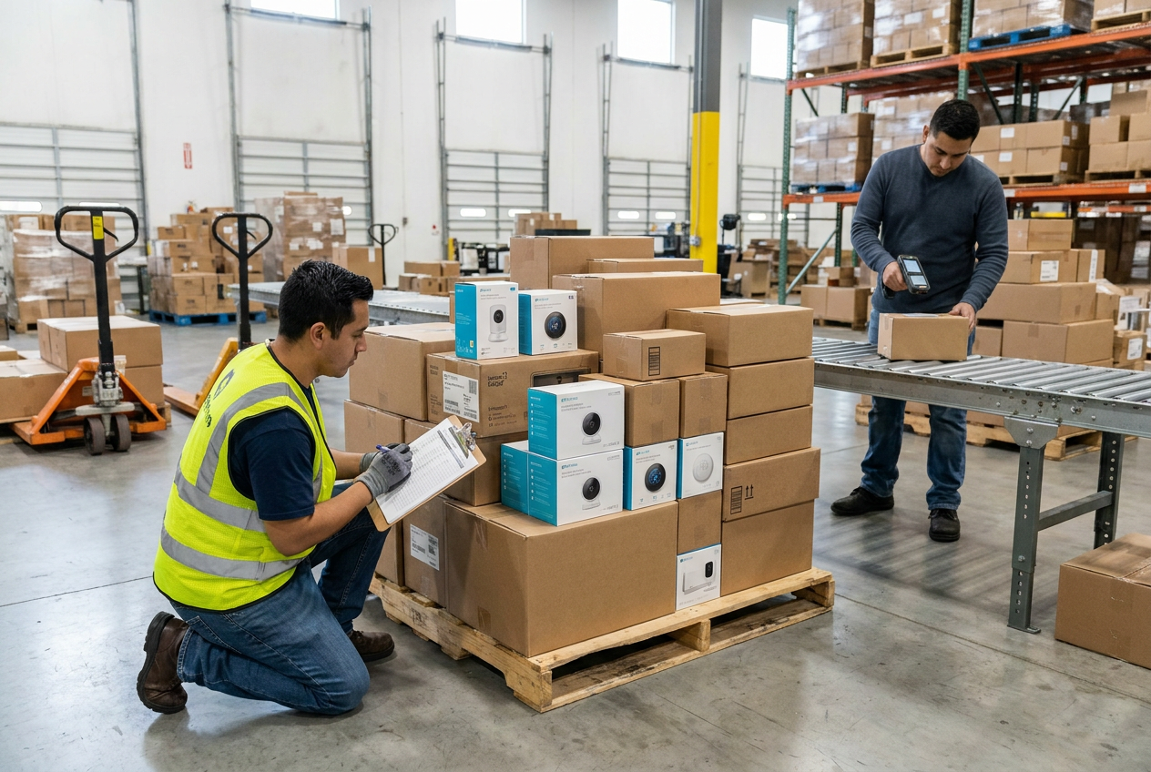 Connected-device compatibility checks Smart home liquidation lots testing station with wireless hubs, power adapters and connected devices