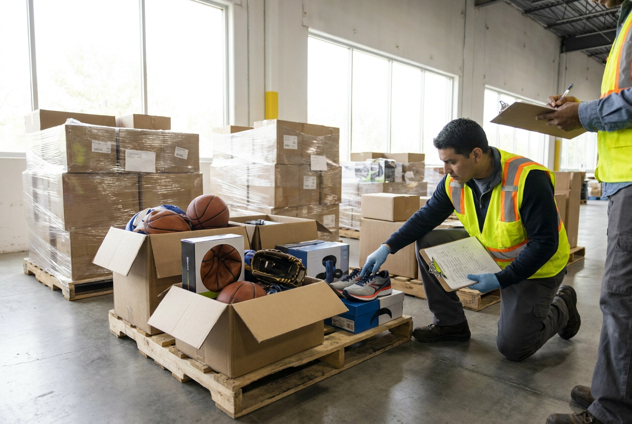 Reviewing a mixed sporting goods load Sporting goods liquidation pallets with mixed sports equipment arranged for assortment review