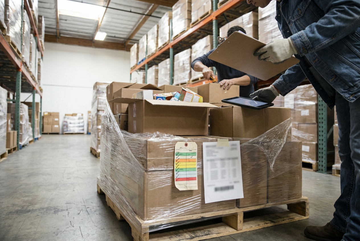 Set Up a Pallet Resale Workspace Reseller workspace with liquidation pallet inventory arranged for sorting and inspection