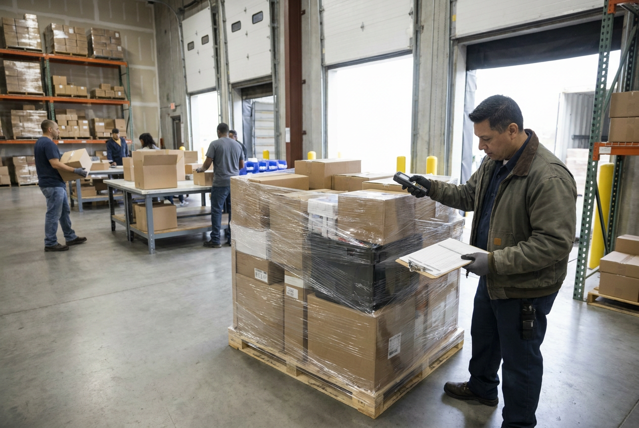 Document Each Item Before Listing Liquidation merchandise with inventory labels beside a reseller inspection checklist and packing supplies