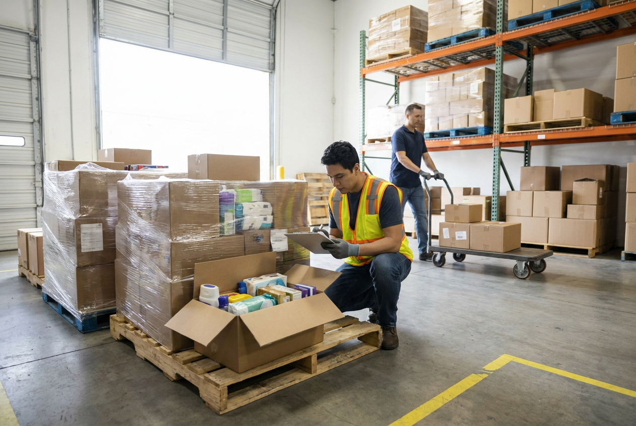 Wrapped liquidation pallets and boxed retail merchandise arranged for warehouse receiving inspection