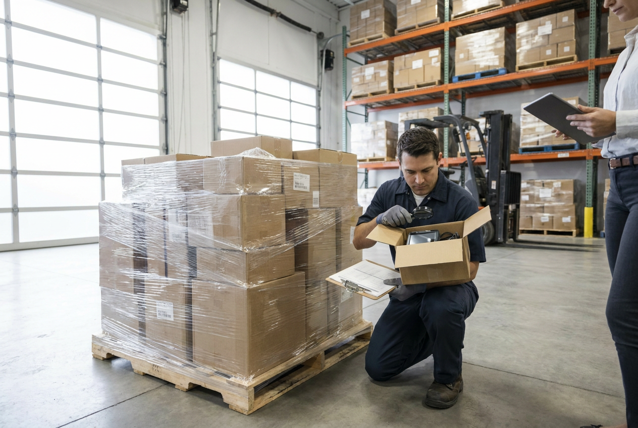 Target liquidation pallets with mixed cartons of home goods and seasonal merchandise in a warehouse