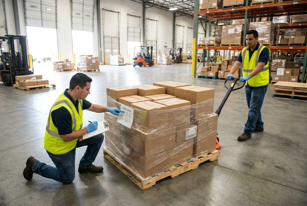 Inspection of cartons and product labels from Target liquidation pallets before inventory sorting