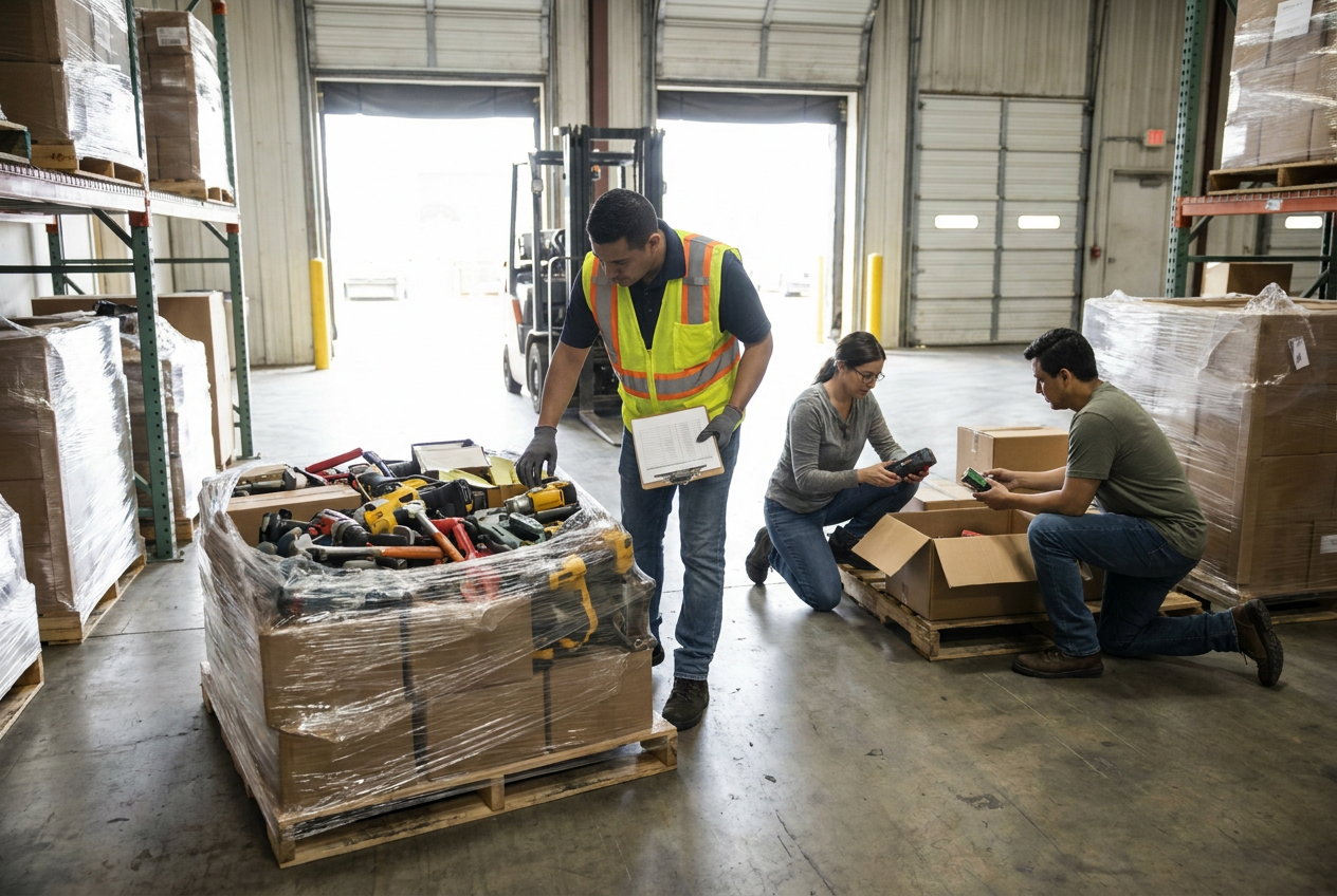 Cordless tools, batteries and chargers arranged for inspection after unpacking a liquidation load