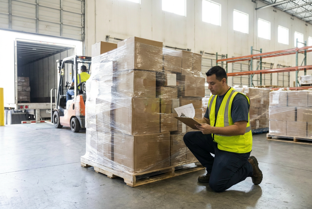 Receiver documenting liquidation pallet counts and delivery timestamps on truckload receiving paperwork