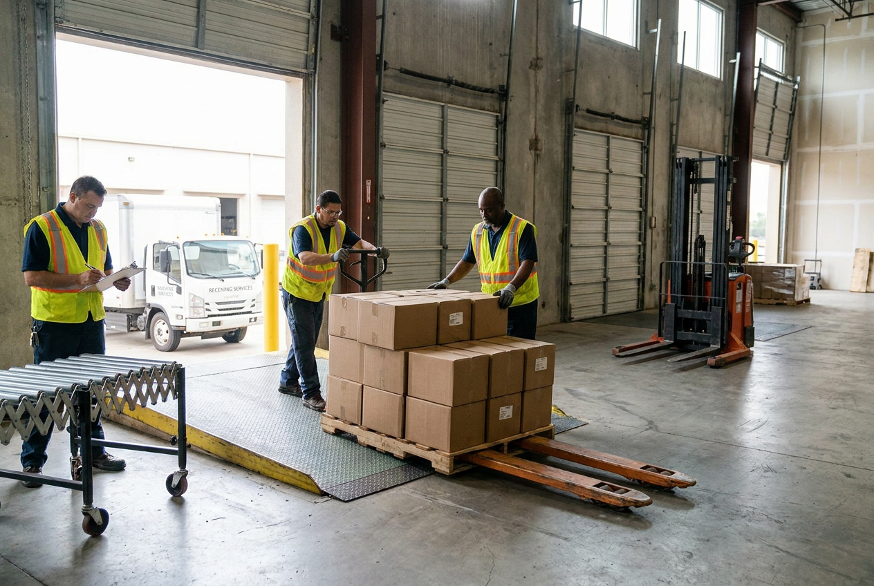 Safe pallet receiving options illustrated Editorial illustration of unloading pallets without a forklift and planning a safe receiving route