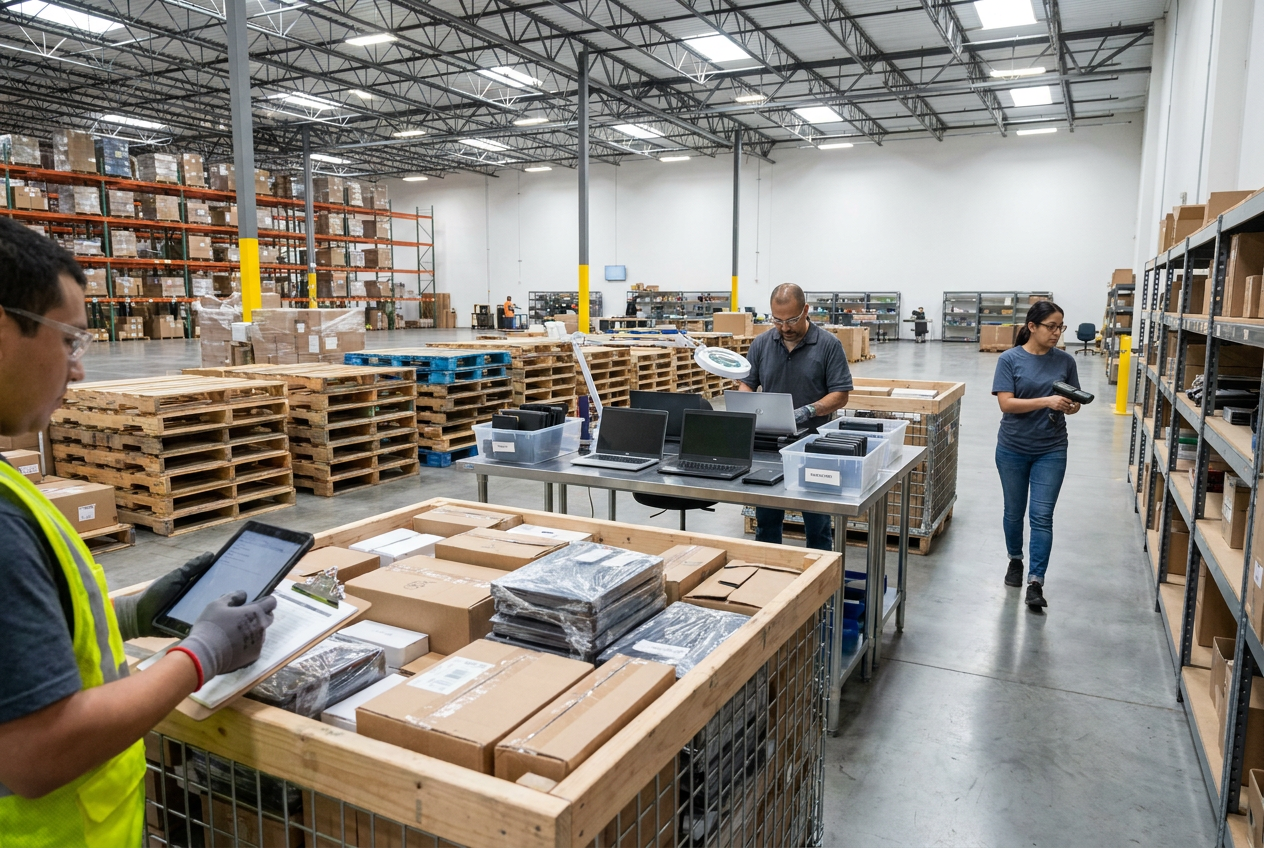 Electronics testing workstation with devices and records for comparing untested vs refurbished electronics
