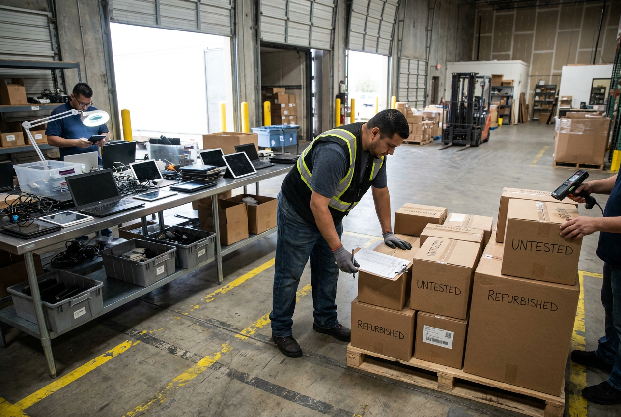 Receiving inspection of electronics cartons with inventory labels and a manifest beside the shipment