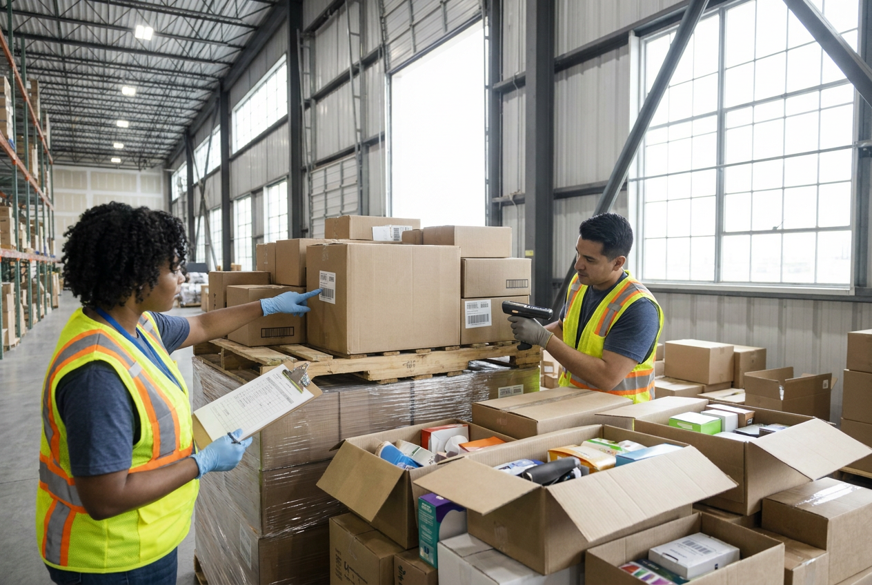 Liquidation inventory inspection with barcode labels and a worksheet for checking product variants