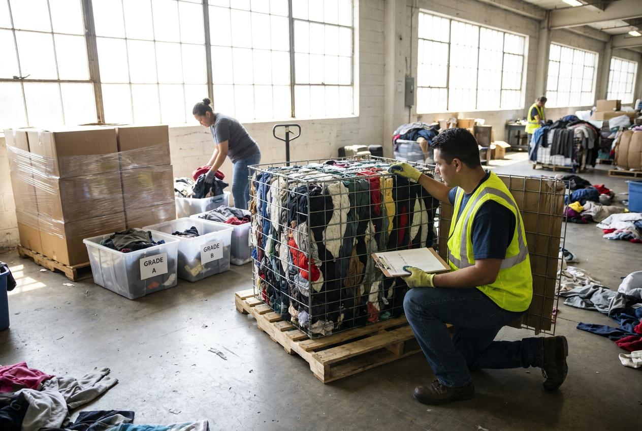 Used clothing bales vs pallets Compressed clothing bales beside boxed apparel pallets for a used clothing bales vs pallets comparison