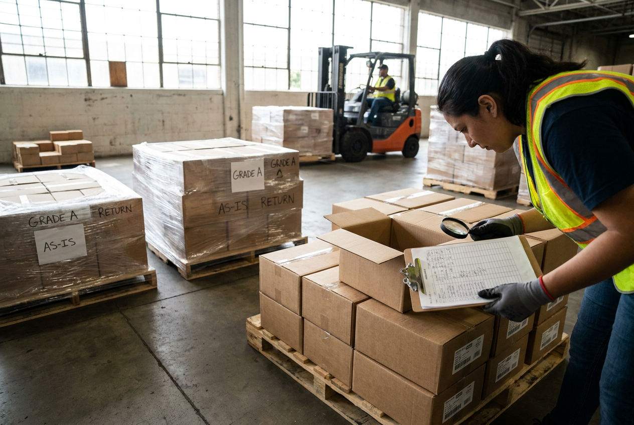 Warehouse rows of wrapped liquidation pallets for buyers comparing wholesale inventory sources
