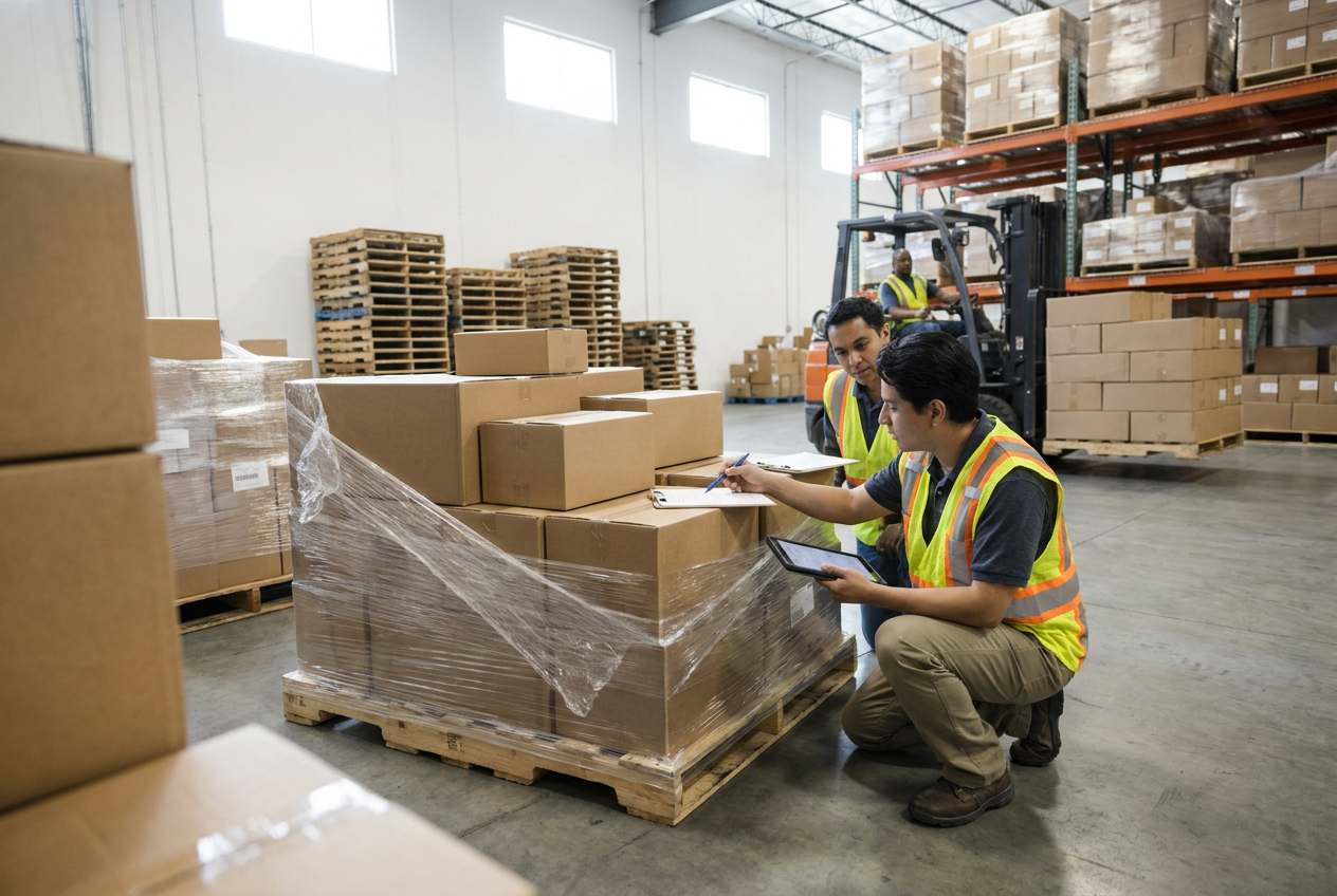 Receiving paperwork beside a wrapped liquidation pallet ready for delivery-day inspection