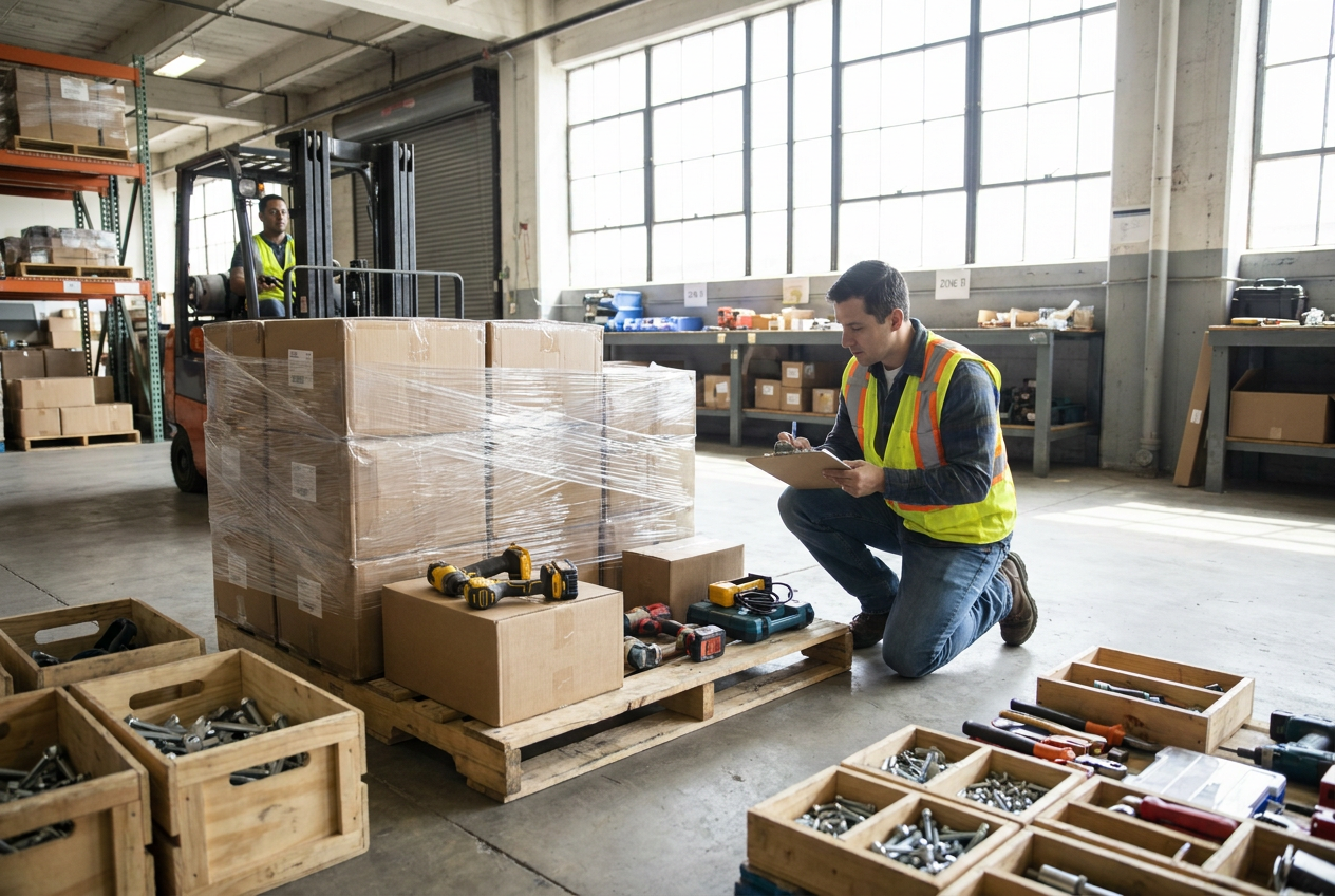 Open hardware cartons beside sorted fastener bins and labeled bags for bulk resale preparation