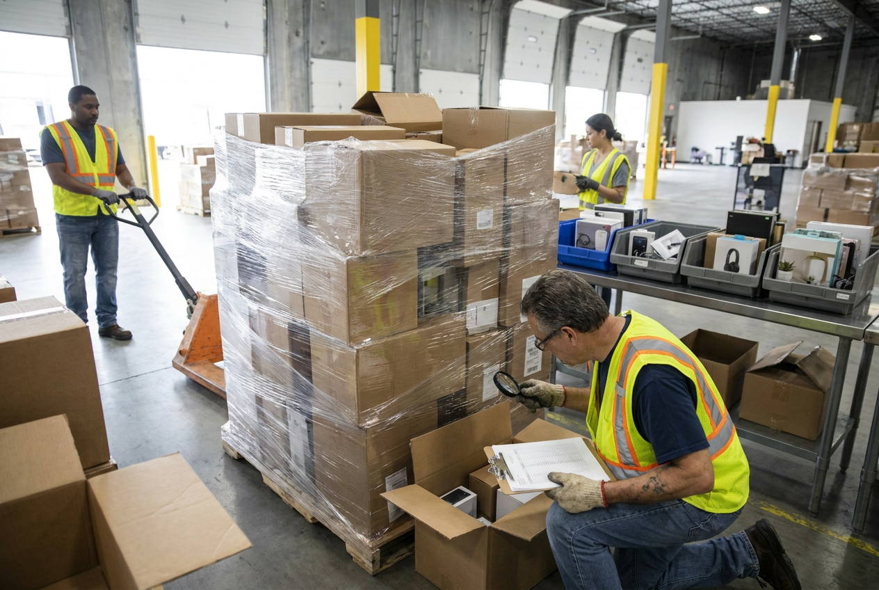 Liquidation pallets and mixed merchandise staged for wholesale liquidation for bin stores