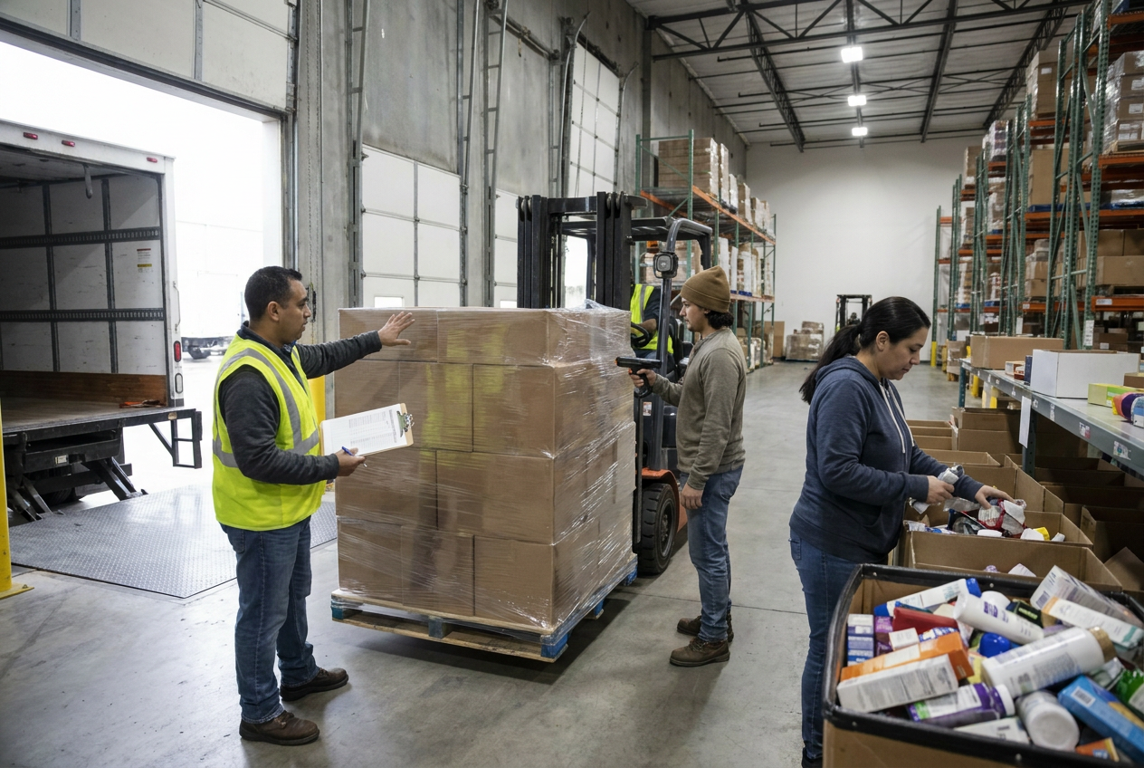 Mixed liquidation merchandise organized in bin-store sorting and restock preparation areas