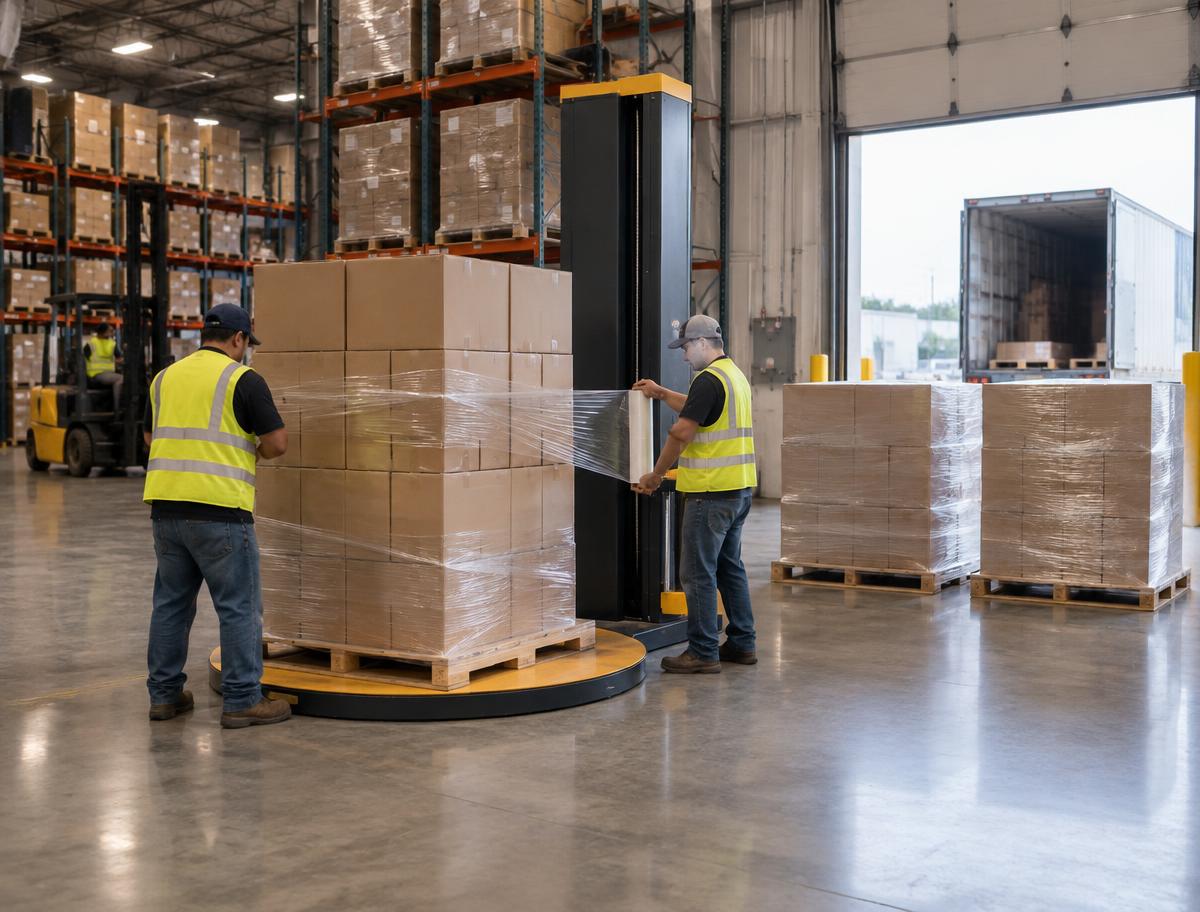 PalletCove Liquidation staff shrink-wrapping a pallet of plain cartons on the Dallas warehouse floor before shipment