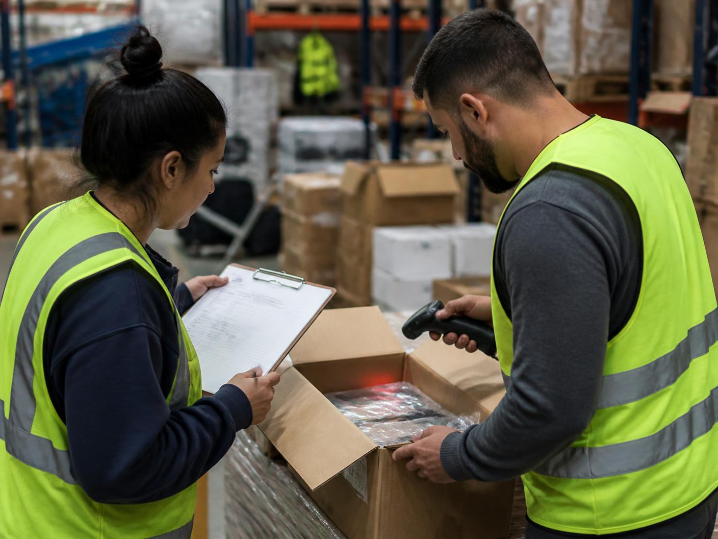 Warehouse staff inspecting and grading returned merchandise